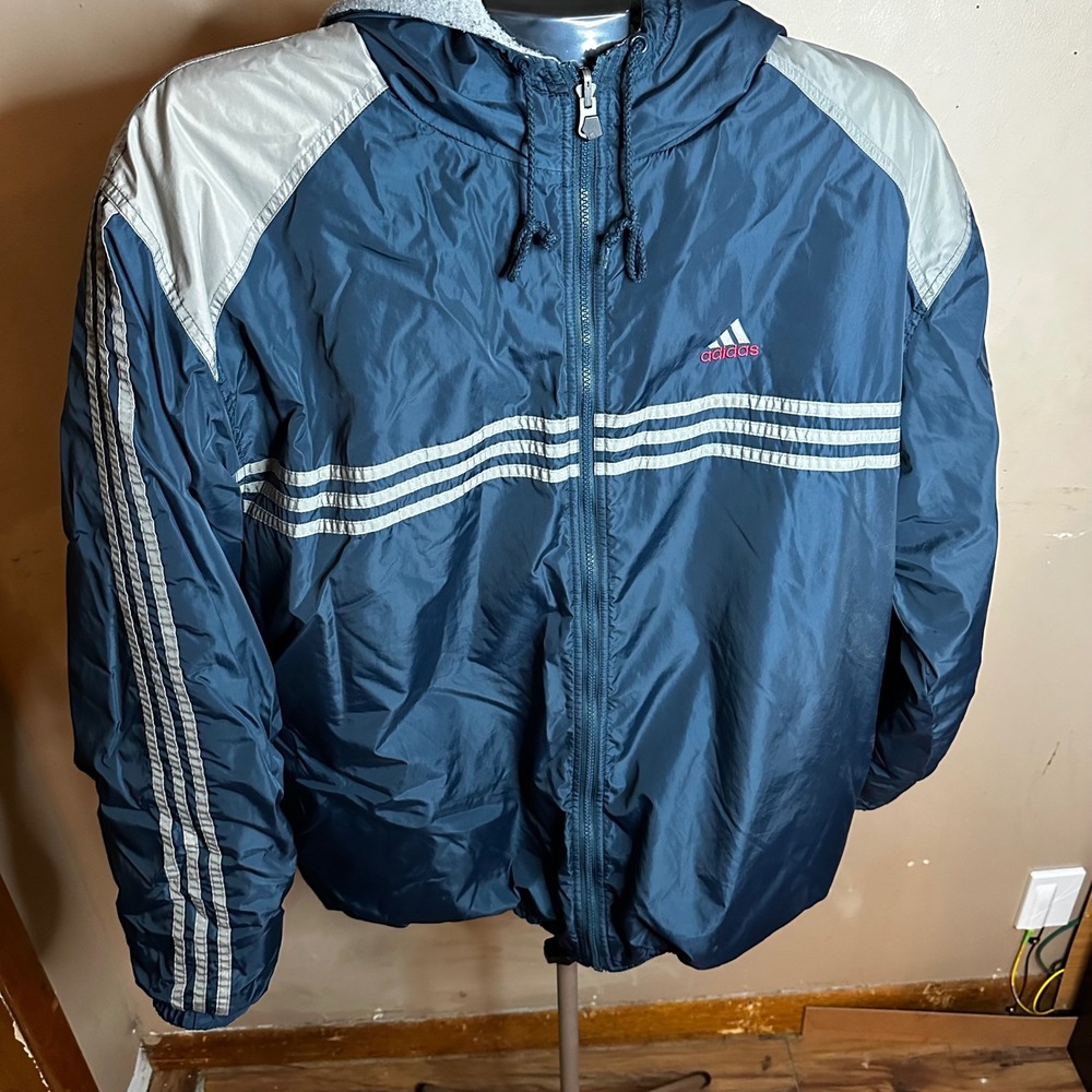 Adidas Reversible Windbreaker Jacket Mens Large Blue Grey Good 3-Stripe Fleece